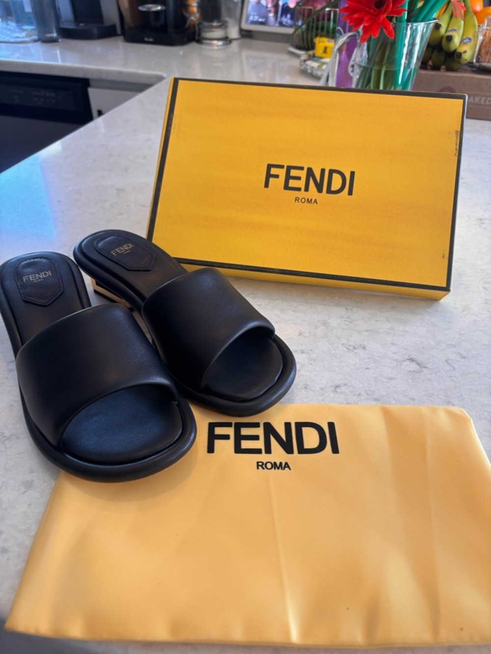 Fendi Black Leather Slide Sandals - Picture 2 of 9